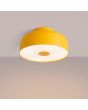 brandende geel metalen plafonnière van 30 cm in diameter met wit kunststof blender