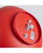 achterzijde rood metalen plafonnière van 30 cm in diameter met wit kunststof blender