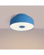 brandende lichtblauw metalen plafonnière van 30 cm in diameter met wit kunststof blender
