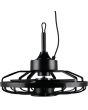 Zijaanzicht Reality Oslo zwarte plafond ventilator met karabijn haak voor buiten van 51 cm in diameter en LED unit in het midden