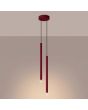 brandende bordeauxrode hanglamp met twee kappen van 2,5 cm in diameter en 50 cm hoog