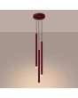 brandende bordeauxrode hanglamp met drie kappen van 2,5 cm in diameter en 50 cm hoog
