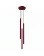 bordeauxrode hanglamp met drie kappen van 2,5 cm in diameter en 50 cm hoog