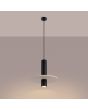 Brandende Sollux Pelta zwarte buisvormige hanglamp met een beige schijf van vilt met een diameter van 30cm eromheen