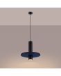 Brandende Sollux Pelta zwarte buisvormige hanglamp met een marine blauwe schijf van vilt met een diameter van 30cm eromheen