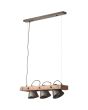 Brilliant Plow 82173/46 industriele hanglamp van hout met drie kappen van burned steel ertussen