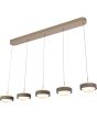 Foto van schuin onder van de Freelight Puleggia olijf groene hanglamp van 140 cm lang met vijf pendels met geïntegreerde LED en katrolsysteem voor de hoogte