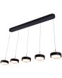 Foto van schuin onder van de Freelight Puleggia zwarte hanglamp van 140 cm lang met vijf pendels met geïntegreerde LED en katrolsysteem voor de hoogte
