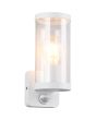Brandende Reality Bonito mat witte wandlamp met bewegingsmelder voor buiten met staande cilindervormige lantaarn van transparant kunststof