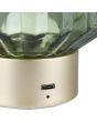 Reality Lord R57761115 detailfoto van het USB oplaadpunt van de oplaadbare tafellamp op batterijen met mat messing voet en geribbeld groen glazen kap
