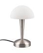 Trio Canaria R59561107 staal kleurig tafellampje met half ronde kap van geveegd wit glas