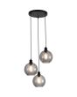 Searchlight Radiance 44520-3SM brandende hanglamp met zwarte ronde plafondplaat en drie zwarte pendels met gedraaid geribbelde rookglazen kap