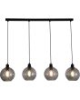 Searchlight Radiance 44520-4SM brandende hanglamp met zwarte langwerpige plafondbalk en vier zwarte pendels met gedraaid geribbelde rookglazen kap