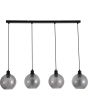 Searchlight Radiance 44520-4SM hanglamp met zwarte langwerpige plafondbalk en vier zwarte pendels met gedraaid geribbelde rookglazen kap