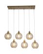 Searchlight Radiance 44520-6CP brandende hanglamp met goudkleurige langwerpige brede plafondbalk en zes goudkleurige pendels met gedraaid geribbelde champagnekleurig glazen kap