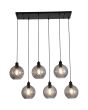 Searchlight Radiance 44520-6SM brandende hanglamp met zwarte langwerpige brede plafondbalk en zes zwarte pendels met gedraaid geribbelde rookglazen kap