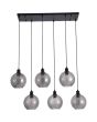Searchlight Radiance 44520-6SM hanglamp met zwarte langwerpige brede plafondbalk en zes zwarte pendels met gedraaid geribbelde rookglazen kap