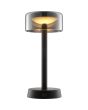 Brandende Brilliant Razor zwarte oplaadbare tafellamp van 26 cm hoog met rond rookglazen kap van 12 cm in diameter