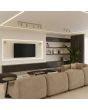 Sfeerfoto van twee taupe kleurig metalen spotjes met een uitval van 16 cm en een staafje om het spotje te richten naast een breedbeeld tv in een woonkamer