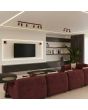Sfeerfoto van twee bordeauxrood metalen spotjes met vierkant wandplaatje en met staaf richtbare spot van 16 cm diep naast een televisie in een moderne woonkamer