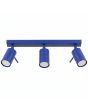 ultramarijn blauw metalen plafondspot met rechthoekige plafondplaat van 45 cm en drie met staaf richtbare spotjes