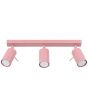 roze metalen plafondspot met rechthoekige plafondplaat van 45 cm in lengte en met drie met staaf richtbare spotjes