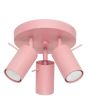 roze metalen plafondspot met ronde plafondplaat van 26 cm in diameter en met drie met staaf richtbare spotjes