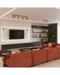 sfeerfoto van twee rood metalen spotjes met vierkant wandplaatje van 8cm met staafje op het spotje te richten naast een televisie in een moderne woonkamer