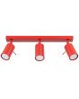 rood metalen plafondspot met rechthoekige plafondbalk van 45cm met drie spots met staafje op het spotje te richten
