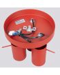 bevestiging van de rood metalen plafondspot met ronde plafondplaat van 20 cm in diameter met drie spots met staafje op het spotje te richten