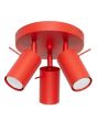 rood metalen plafondspot met ronde plafondplaat van 20 cm in diameter met drie spots met staafje op het spotje te richten