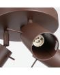 binnenzijde spotje met fitting van de bruin metalen plafondspot met ronoe plafondplaat van 20 cm in diameter met drie spotjes met staafje op het spotje om te richten