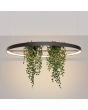 brandende zwarte cirkelvormige hanglamp met een diameter van 110 cm met LED in de ring en in het midden twee houders met planten
