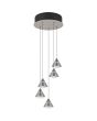 Trio Romeo 337030507 staalkleurige ronde hanglamp met vijf kegelvormige kappen met LED rand in de kegel en liftfunctie in de plafondbalk. Met schakelaar voor het instellen van de lichtkleur.