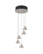 Trio Romeo 337030507 brandende staalkleurige ronde hanglamp met vijf kegelvormige kappen met LED rand in de kegel en liftfunctie in de plafondbalk. Met schakelaar voor het instellen van de lichtkleur.