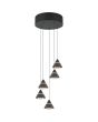 Trio Romeo 337030532 brandende zwarte ronde hanglamp met vijf kegelvormige kappen met LED rand in de kegel en liftfunctie in de plafondbalk. Met schakelaar voor het instellen van de lichtkleur.