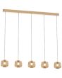 Freelight Rosa rose gouden hanglamp van 120 cm lang met een rose gouden plafondbalk en vijf pendels met elk een amber glazen kap van 15,5 cm in diameter met geïntegreerde LED