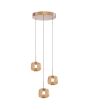 Freelight Rosa rose gouden hanglamp van 35 cm in diameter met een rose gouden plafondplaat en drie pendels met elk een amber glazen kap van 15,5 cm in diameter met geïntegreerde LED