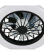 Onderaanzicht Reality Rotsund zwarte plafondventilator met LED in een rand van 38,5 cm rond een transparant kunststof zeven armige ventilator met zwart rooster ervoor