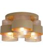 brandende zandkleurige plafondlamp van 42 cm in diameter met drie geribbeld glazen kappen met een messing band
