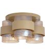 zandkleurige plafondlamp van 42 cm in diameter met drie geribbeld glazen kappen met een messing band