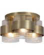 brandende antiek messing plafondlamp van 42 cm in diameter met drie geribbeld glazen kappen met een messing band