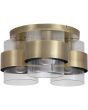 antiek messing plafondlamp van 42 cm in diameter met drie geribbeld glazen kappen met een messing band