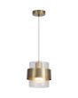 brandende messing kleurige hanglamp van 18 cm in diameter met een geribbeld glazen kap en een messing band eromheen