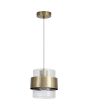 messing kleurige hanglamp van 18 cm in diameter met een geribbeld glazen kap en een messing band eromheen