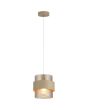 Searchlight Royal hanglamp met zandkleurige plafondplaat en zandkleurige metalen band om een cilindervormig amberkleurig ribbelglazen kap