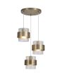 brandende messing kleurige hanglamp met een diameter van 42 cm en drie pendels met elk een geribbeld glazen kap en een messing band eromheen