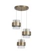 messing kleurige hanglamp met een diameter van 42 cm en drie pendels met elk een geribbeld glazen kap en een messing band eromheen