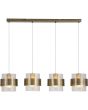 brandende messing kleurige hanglamp met een lengte van 93 cm en vier pendels met elk een geribbeld glazen kap en een messing band eromheen