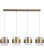 messing kleurige hanglamp met een lengte van 93 cm en vier pendels met elk een geribbeld glazen kap en een messing band eromheen
